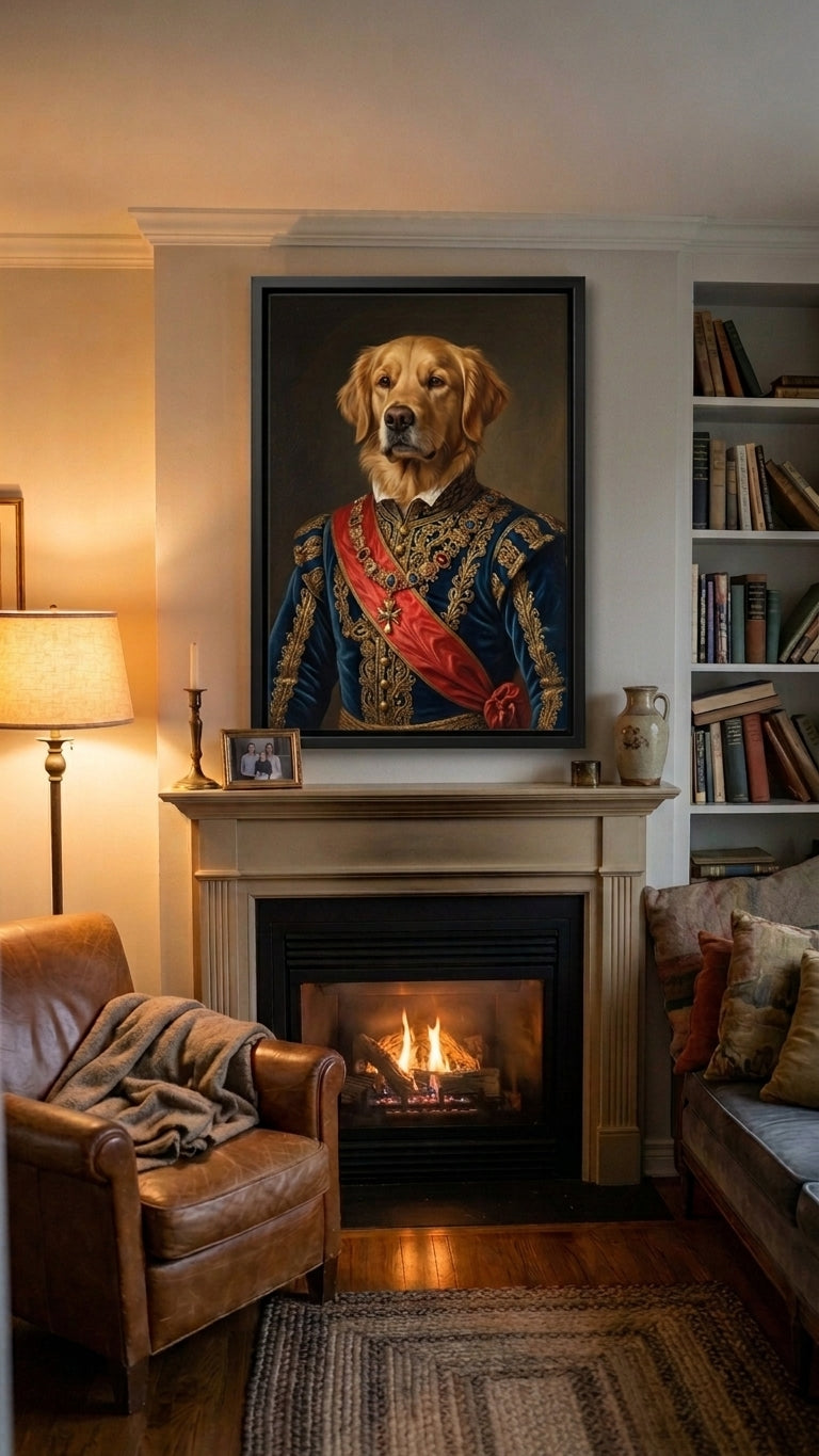 The Royal style portrait hanging above a fireplace